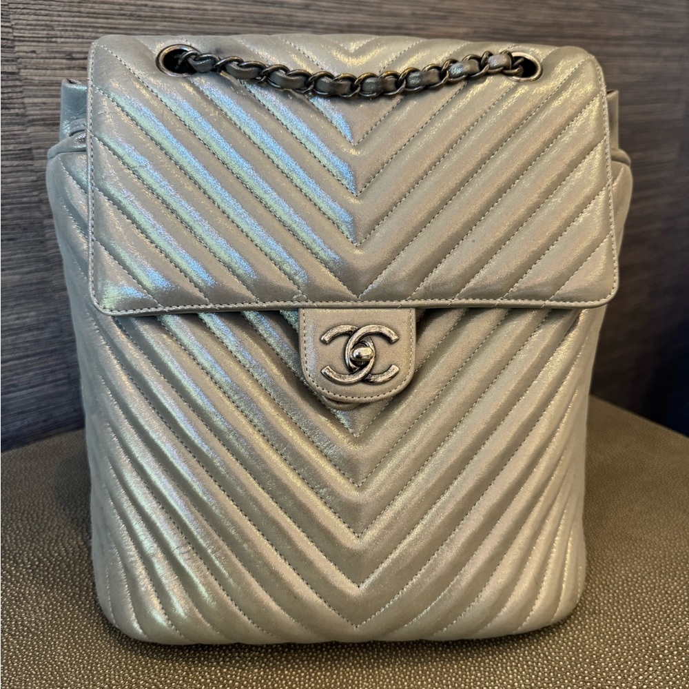 CHANEL Metallic Silver Chevron Backpack
